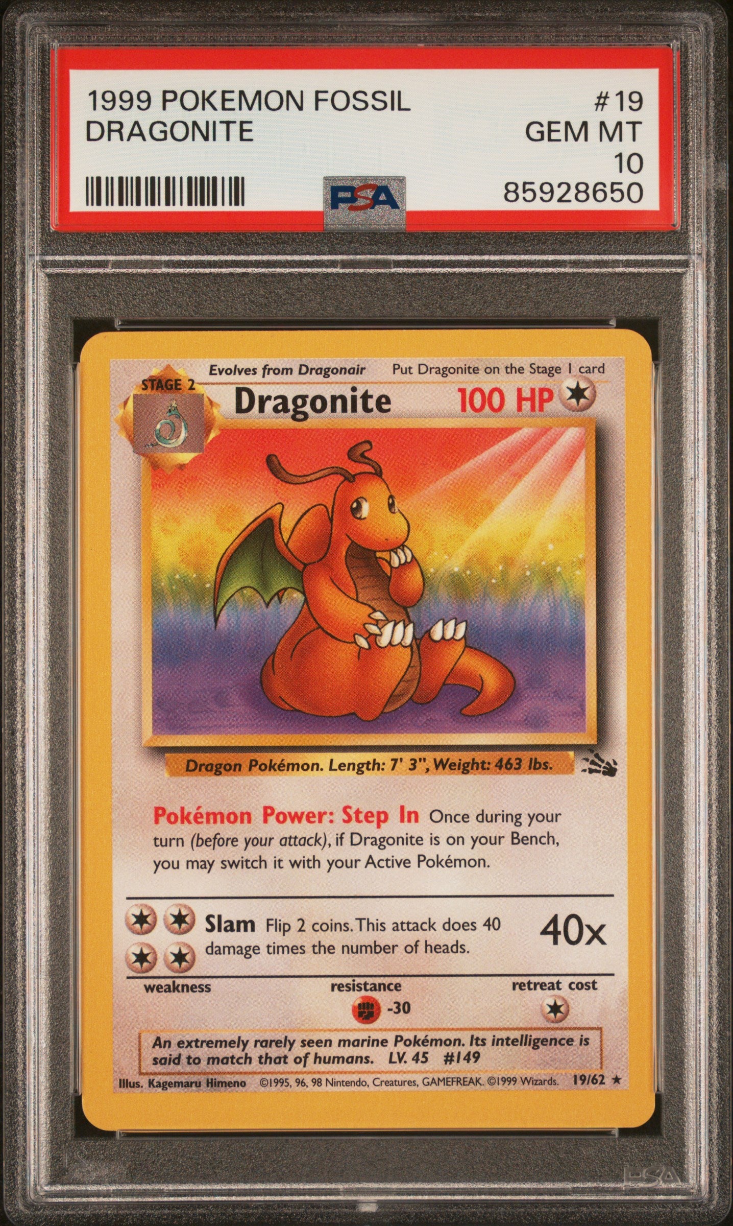 1999 POKEMON FOSSILE #19 DRAGONITE NON HOLO PSA 10 GEMME MENTHE