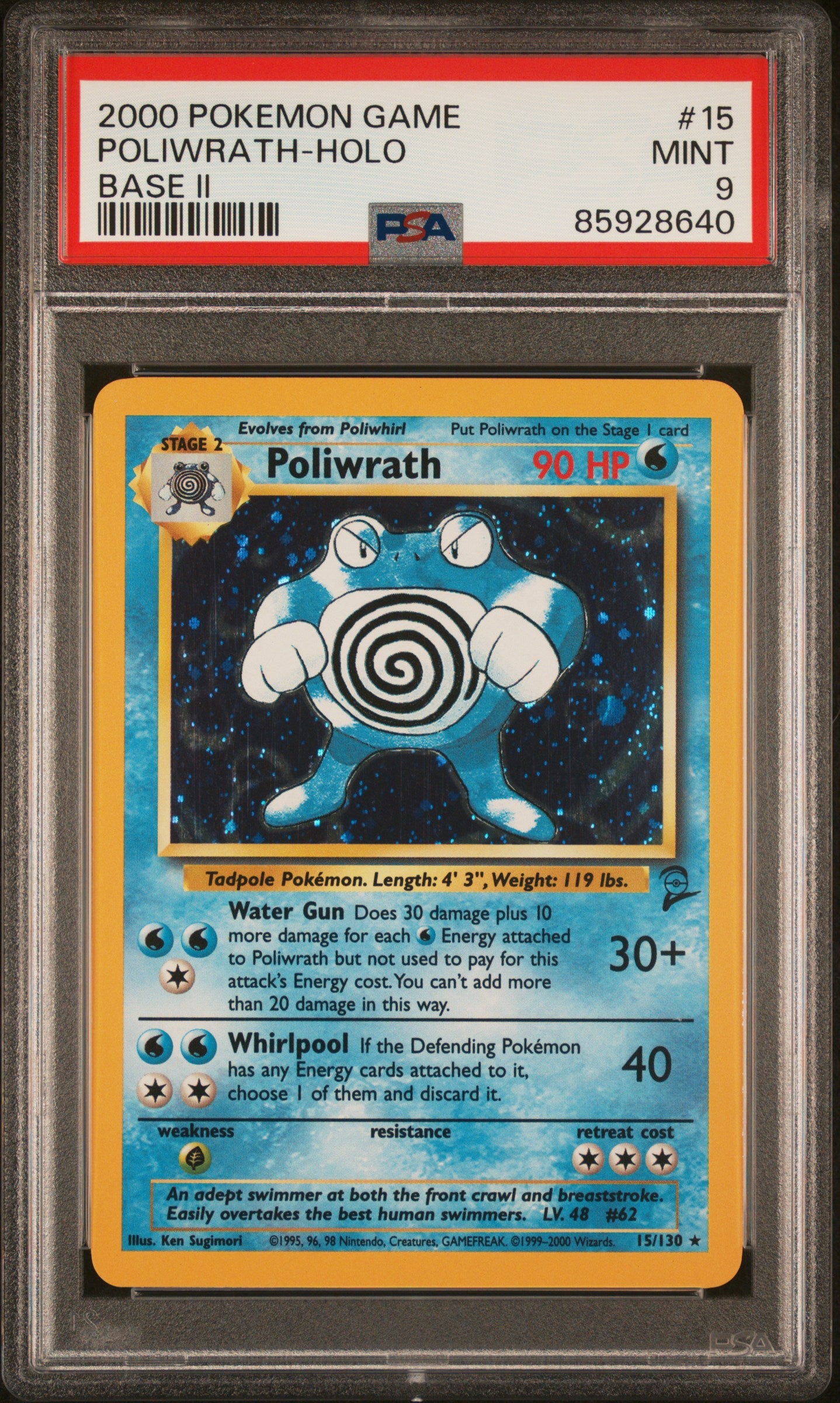 2000 POKÉMON GAME BASE II #15 POLIWRATH-HOLO BASE SET 2 PSA 9 MINT