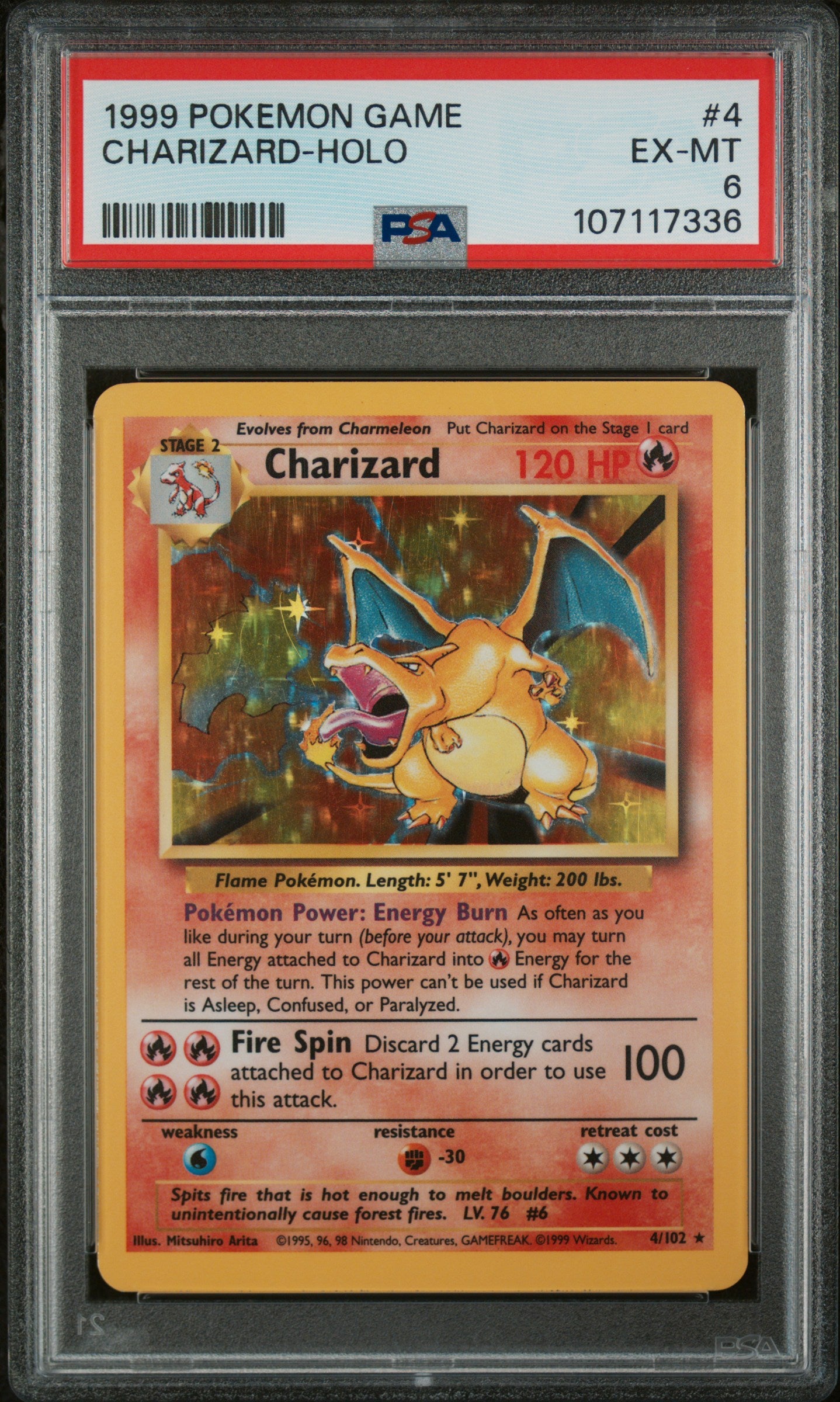 JEU POKÉMON 1999 #4 CHARIZARD-HOLO SET DE BASE PSA 6 EX-MT