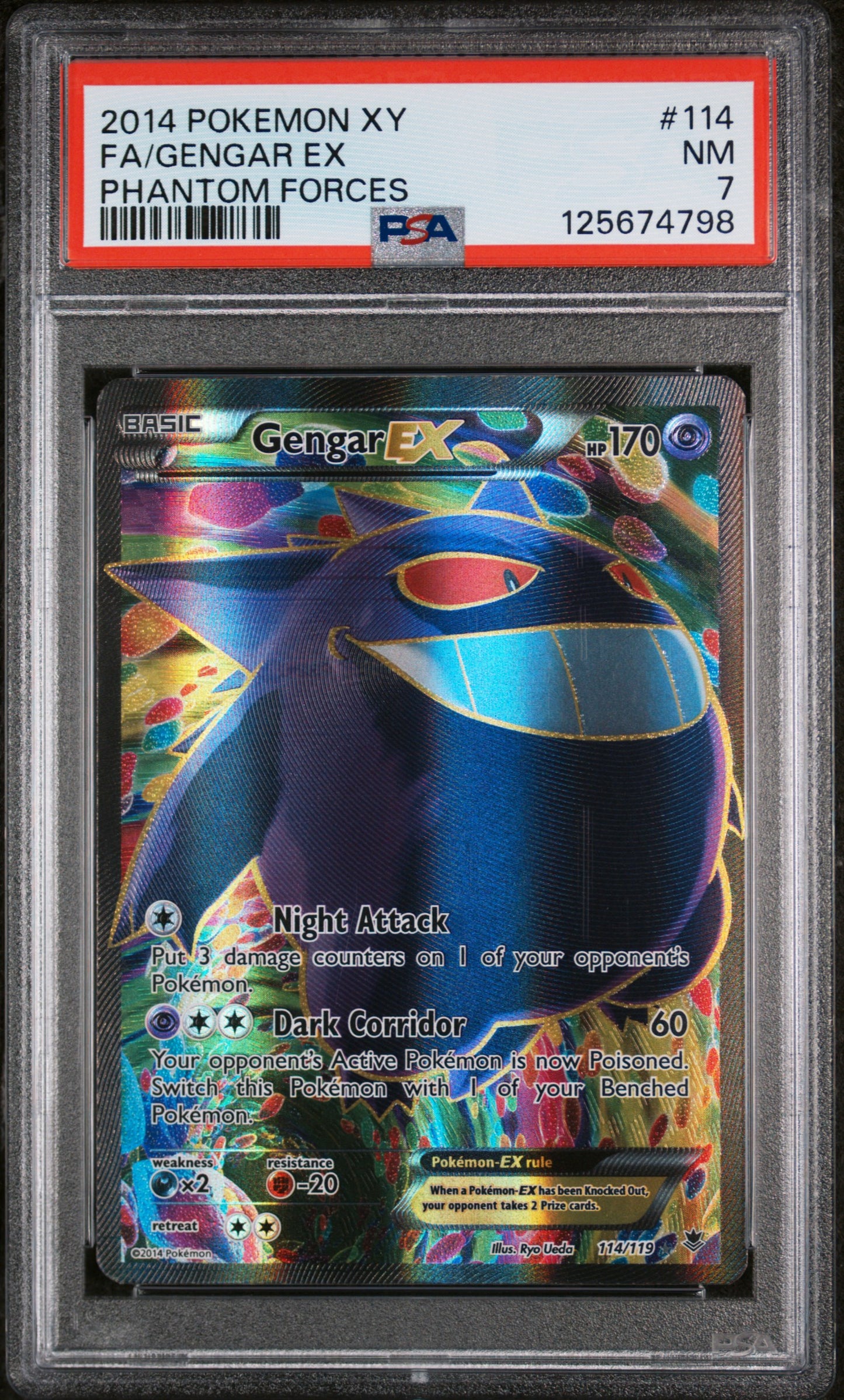 2014 POKEMON XY PHANTOM FORCES #114 GENGAR EX HOLO FULL ART PSA 7 NM