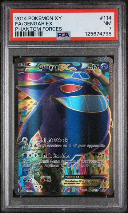 2014 POKEMON XY PHANTOM FORCES #114 GENGAR EX HOLO FULL ART PSA 7 NM