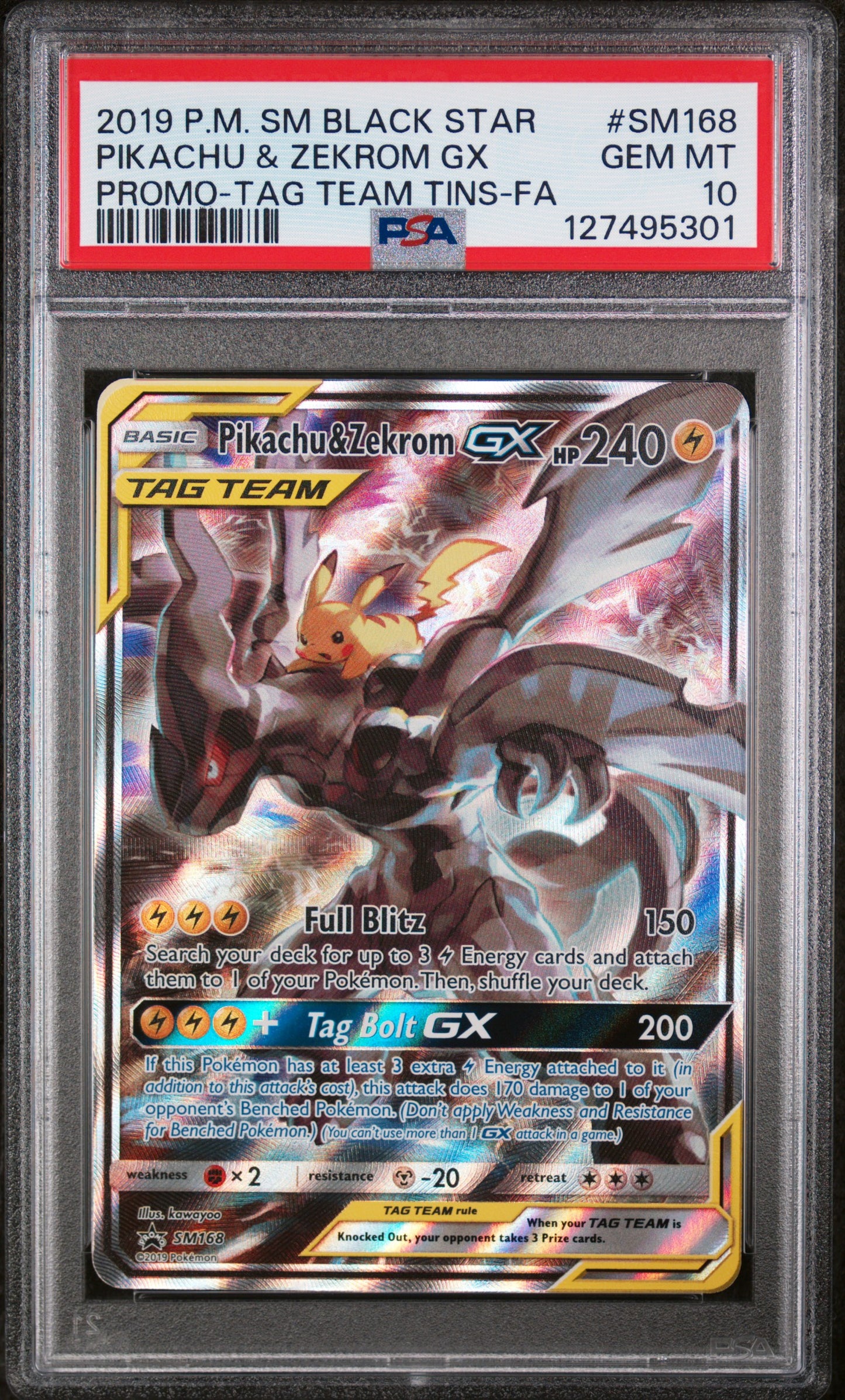 2019 POKEMON SM BLACK STAR PROMO #SM168 PIKACHU & ZEKROM GX PSA 10 GEM MINT