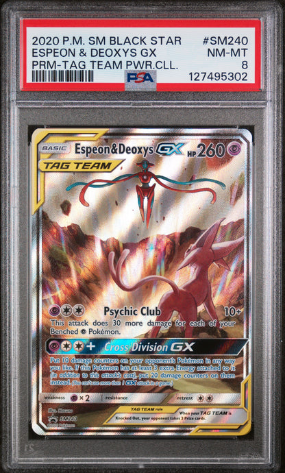 2019 POKEMON SM BLACK STAR PROMO #SM240 ESPEON & DEOXYS GX PSA 8 NM-MINT