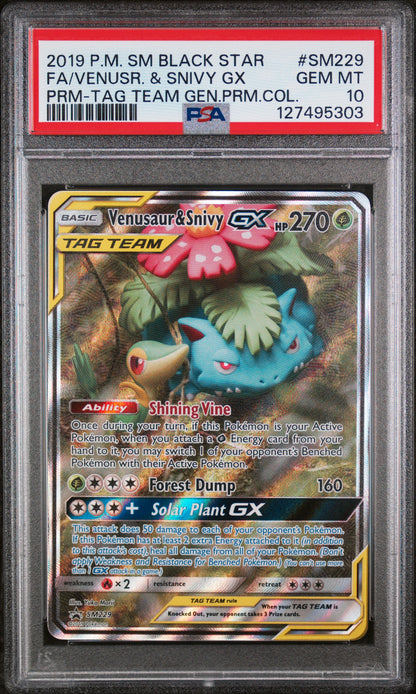2019 POKEMON SM BLACK STAR PROMO #SM229 VENUSAUR & SNIVY GX PSA 10 GEM MINT