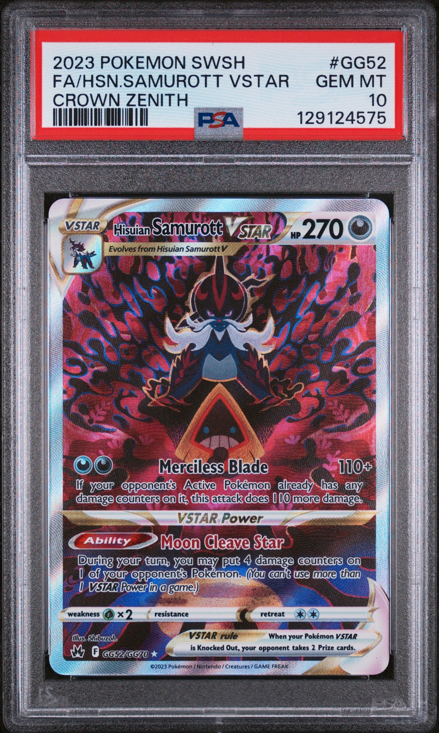 2023 POKEMON SWORD AND SHIELD CROWN ZENITH #GG52 FA/HISUIAN SAMUROTT VSTAR PSA 10 GEM MINT