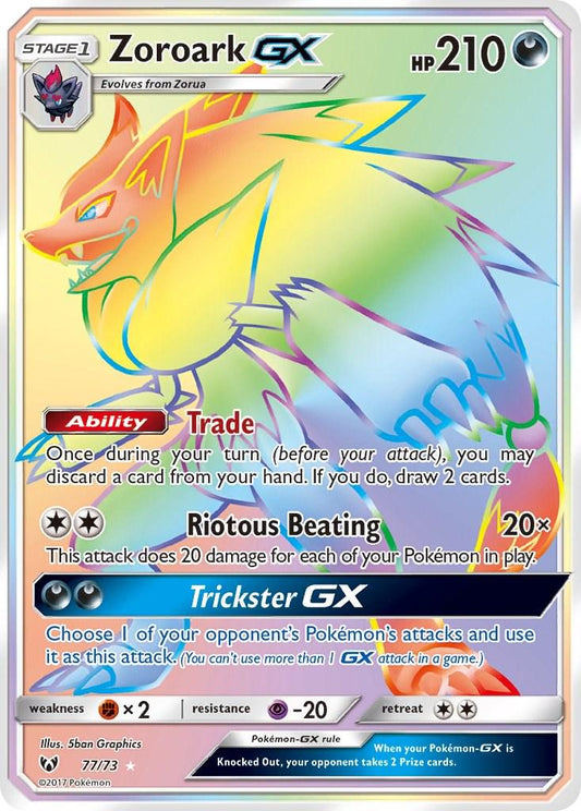 POKEMON ZOROARK GX 77 / 73 SM SHINING LEGENDS SECRET RARE FULL ART RAINBOW HOLO - NEAR MINT (NM)