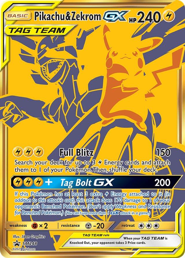 POKEMON PIKACHU & ZEKROM GX SM248 FULL ART GOLD TAG TEAM BLACK STAR PROMO HOLO - NEAR MINT (NM)