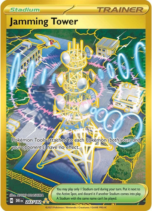 POKEMON JAMMING TOWER 243 / 182 DESTINED RIVALS HYPER RARE GOLD HOLO TRAINER - NEAR MINT