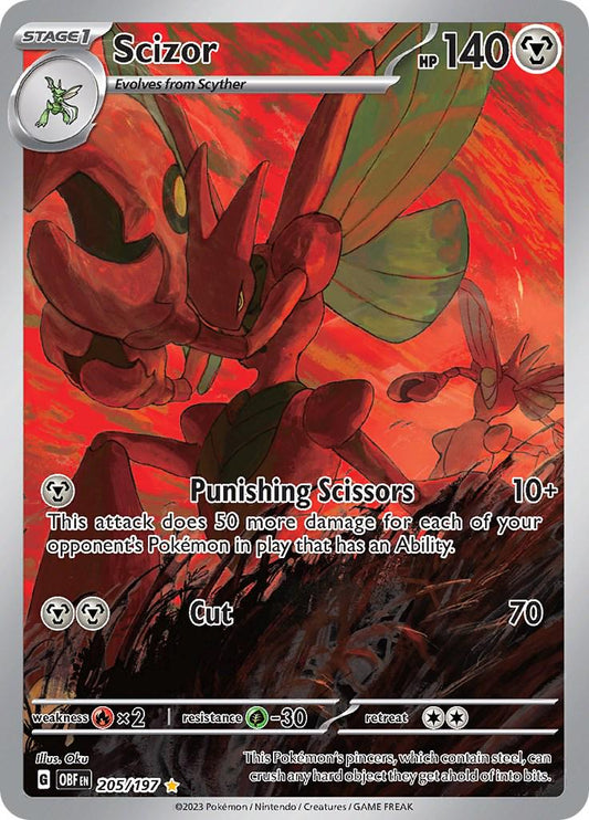 POKEMON SCIZOR 205 / 197 OBSIDIAN FLAMES IR ILLUSTRATION RARE - NEAR MINT