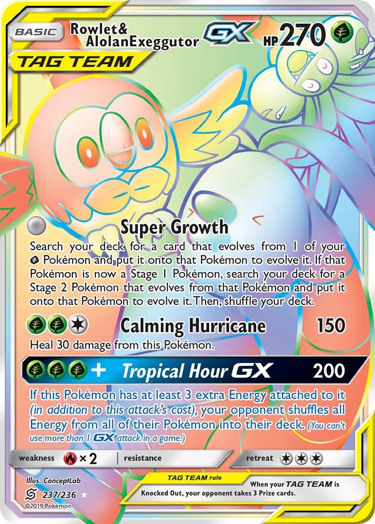 POKEMON ROWLET & ALOLAN EXEGGUTOR GX 237/236 SM UNIFIED MINDS HYPER RAINBOW RARE TAG TEAM HOLO - LIGHTLY PLAYED (LP)