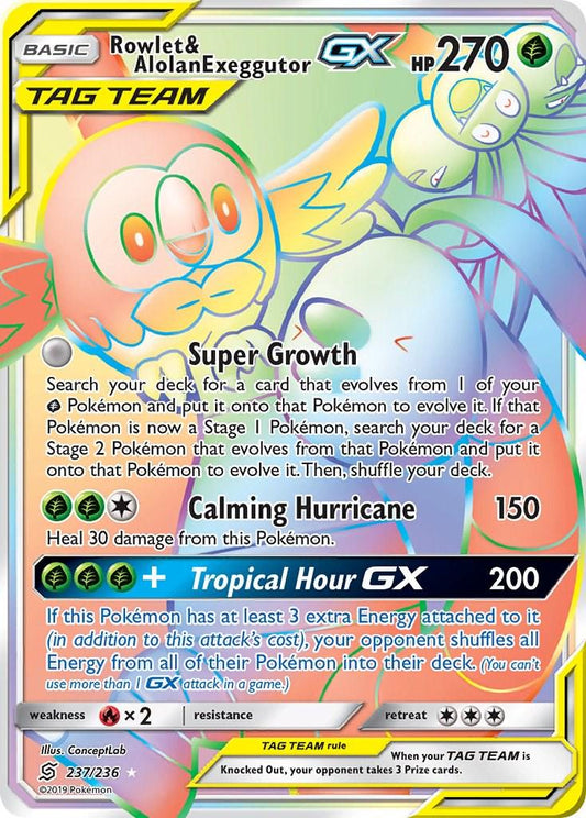 POKEMON ROWLET & ALOLAN EXEGGUTOR GX 237 / 236 SM UNIFIED MINDS HOLO HYPER RAINBOW RARE TAG TEAM - LIGHTLY PLAYED (LP)