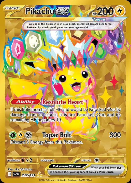 POKEMON PIKACHU EX 247 / 191 SURGING SPARKS HYPER RARE GOLD - NEAR MINT