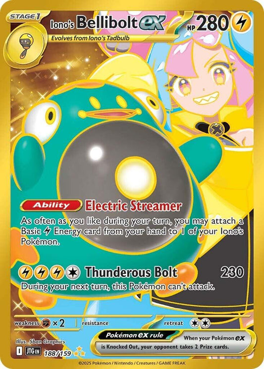 POKEMON IONO'S BELLIBOLT EX 188 / 159 JOURNEY TOGETHER HYPER RARE GOLD HOLO - NEAR MINT