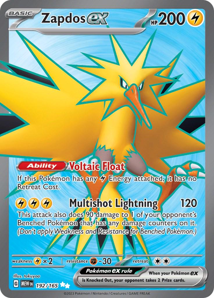 POKEMON ZAPDOS EX 192/165 SV 151 ULTRA RARE FULL ART HOLO - NEAR MINT (NM)
