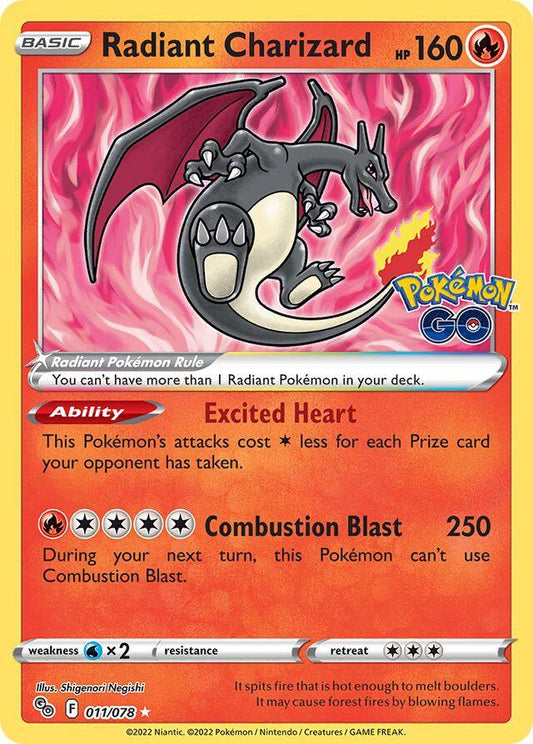 POKEMON RADIANT CHARIZARD 011 / 078 POKEMON GO SWSH HOLO RADIANT RARE- NEAR MINT