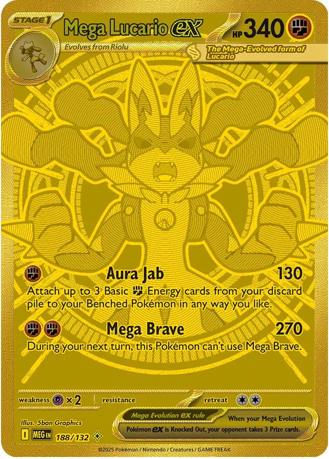POKEMON MEGA LUCARIO EX 188 / 132 MEGA EVOLUTION GOLD HYPER RARE HOLO - NEAR MINT (NM)