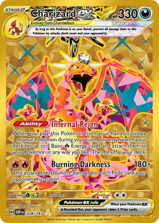 POKEMON CHARIZARD EX 228 / 197 OBSIDIAN FLAMES GOLD HYPER RARE FULL ART HOLO - LIGHTLY PLAYED (LP)
