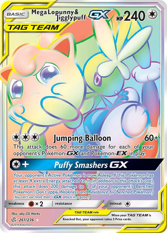 POKEMON MEGA LOPUNNY & JIGGLYPUFF GX 261 / 236 SM COSMIC ECLIPSE SECRET RARE RAINBOW TAG TEAM - LIGHTLY PLAYED (LP)