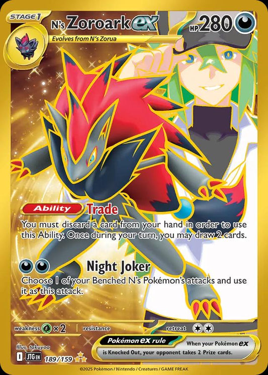 POKEMON N'S ZOROARK EX 189 / 159 JOURNEY TOGETHER HYPER RARE GOLD - NEAR MINT
