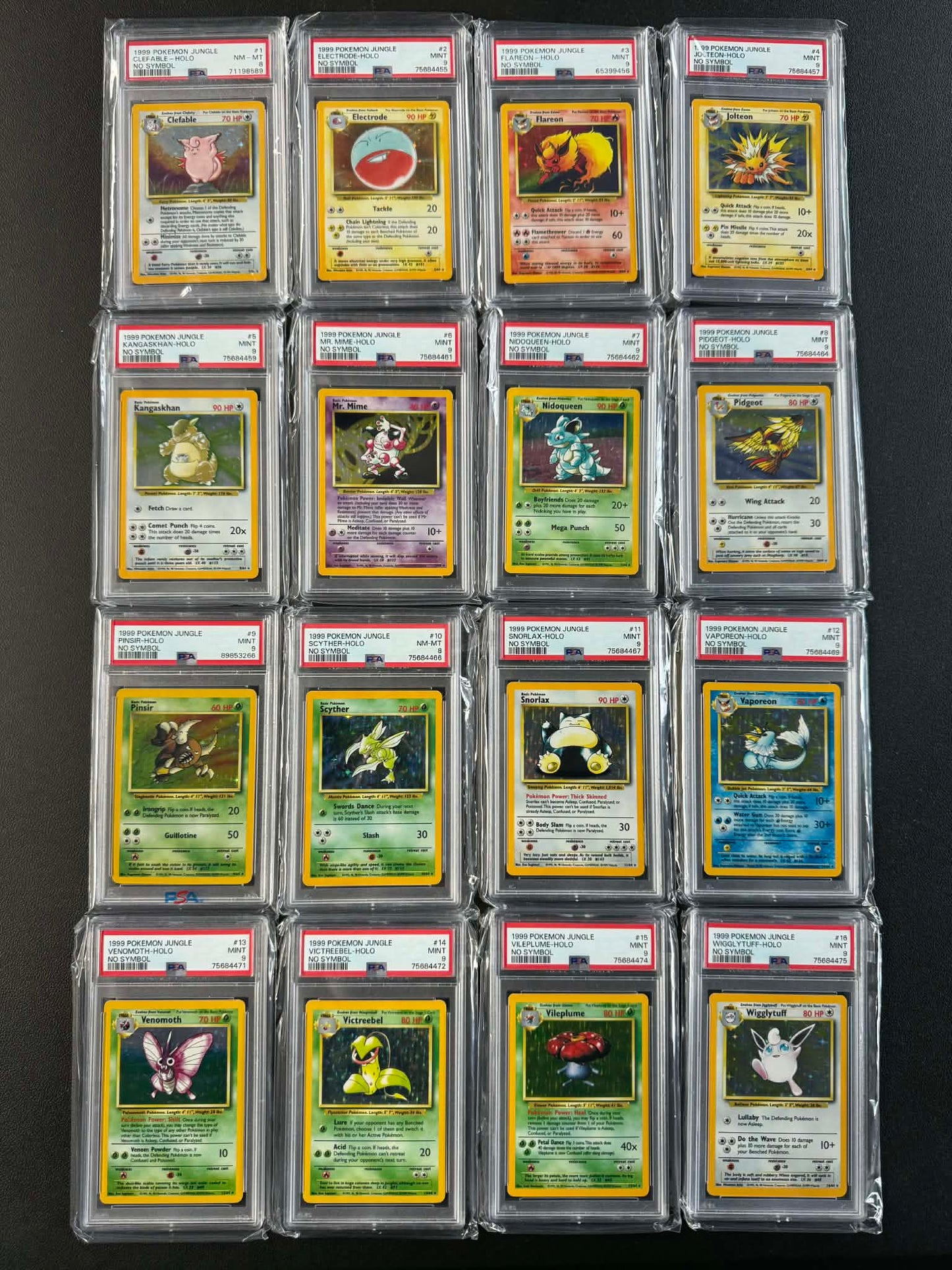 1999 POKEMON JUNGLE #1 - #16 SET OF HOLO NO SYMBOL MISPRINT (14 x PSA 9, 2 x PSA 8)