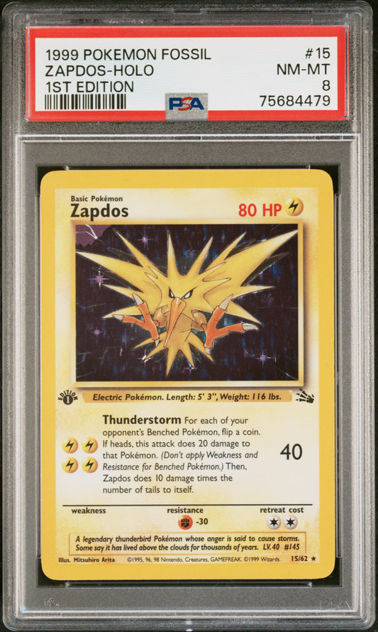 1999 POKEMON FOSSIL #15 ZAPDOS HOLO 1ST EDITION PSA 8 NM - MT