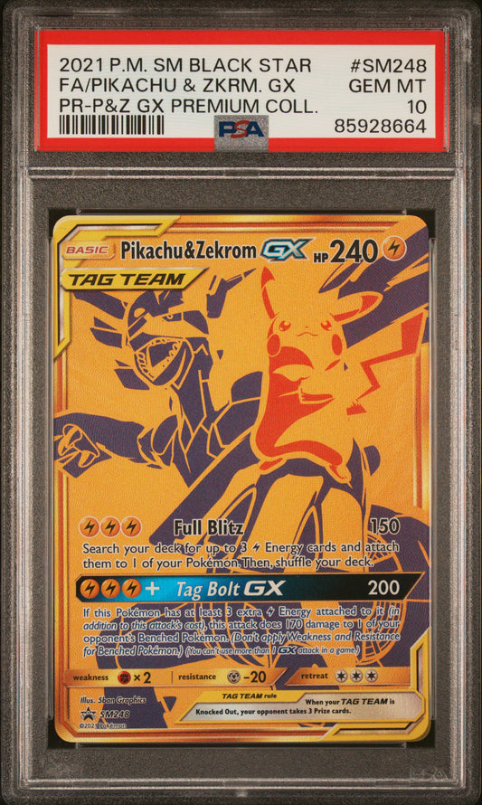 2021 POKEMON SM BLACK STAR PROMO PREMIUM COLLECTION #SM248 PIKACHU & ZEKROM GX FULL ART PSA 10 GEM MINT