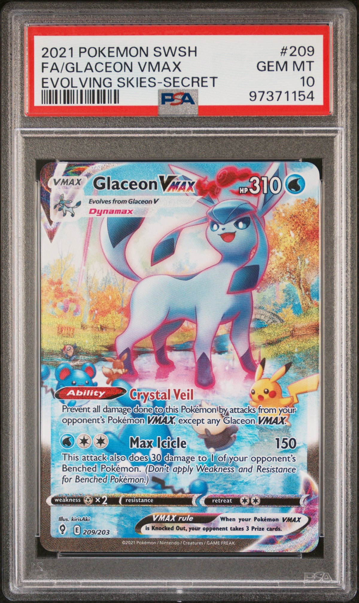 2021 POKEMON SWORD & SHIELD EVOLVING SKIES #209 ALT ART FA/GLACEON VMAX PSA 10 GEM MINT