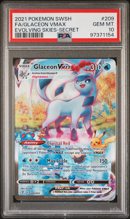 2021 POKEMON SWORD & SHIELD EVOLVING SKIES #209 ALT ART FA/GLACEON VMAX PSA 10 GEM MINT
