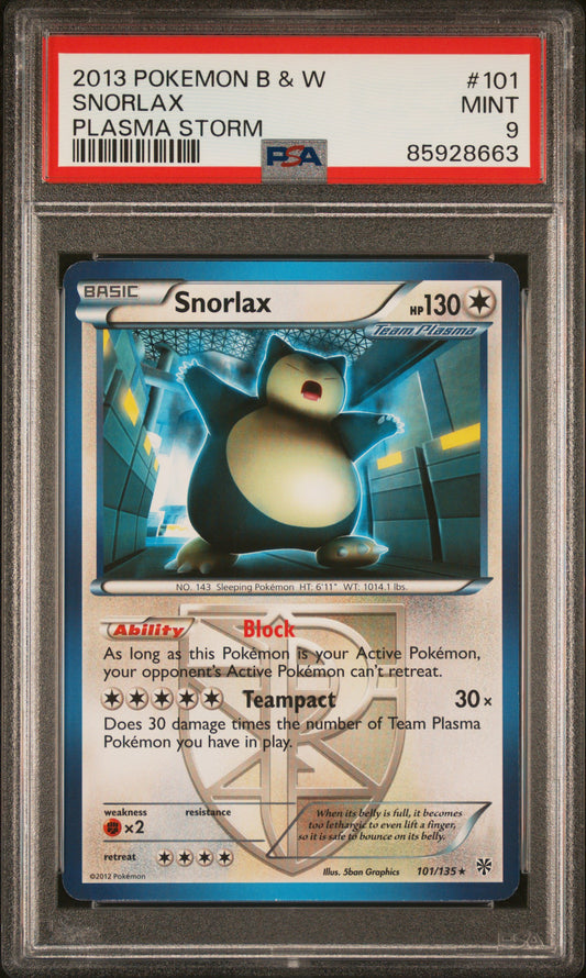 2013 POKEMON BLACK & WHITE PLASMA STORM #101 SNORLAX PLASMA STORM PSA 9 MINT