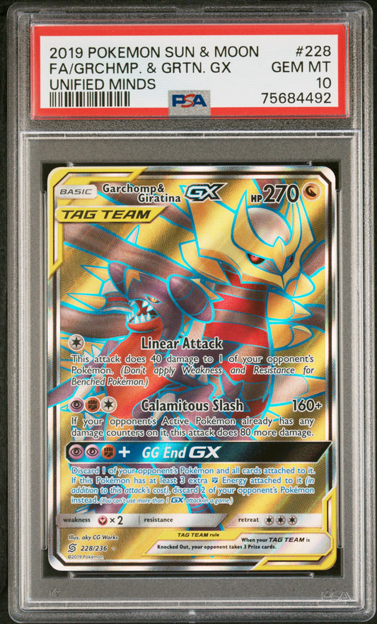 2019 POKEMON SUN & MOON UNIFIED MINDS #228 FA/GARCHOMP & GIRATINA GX PSA 10 GEM MINT