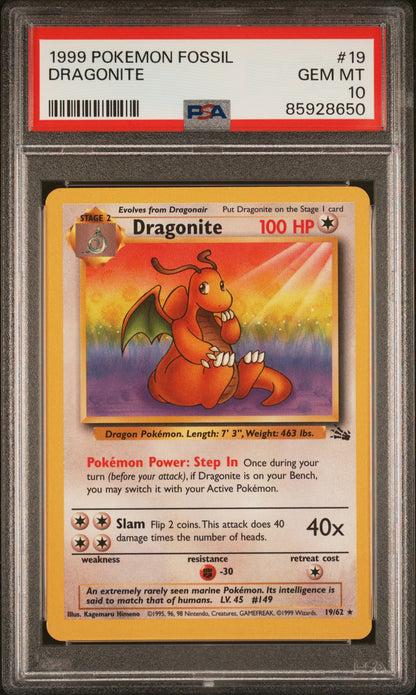1999 POKEMON FOSSILE #19 DRAGONITE NON HOLO PSA 10 GEMME MENTHE