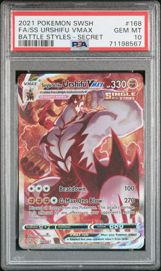 2021 POKEMON SWORD & SHIELD BATTLE STYLES #168 FA SECRET RARE SINGLE STRIKE URSHIFU VMAX PSA 10 GEM MINT